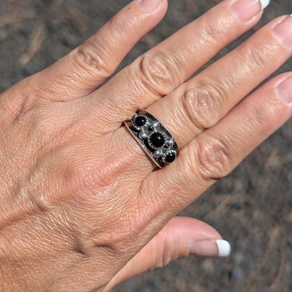 Handcrafted Navajo‎ 3-Stone Ring Onyx Stone Native American Jewelry Sz 10 **